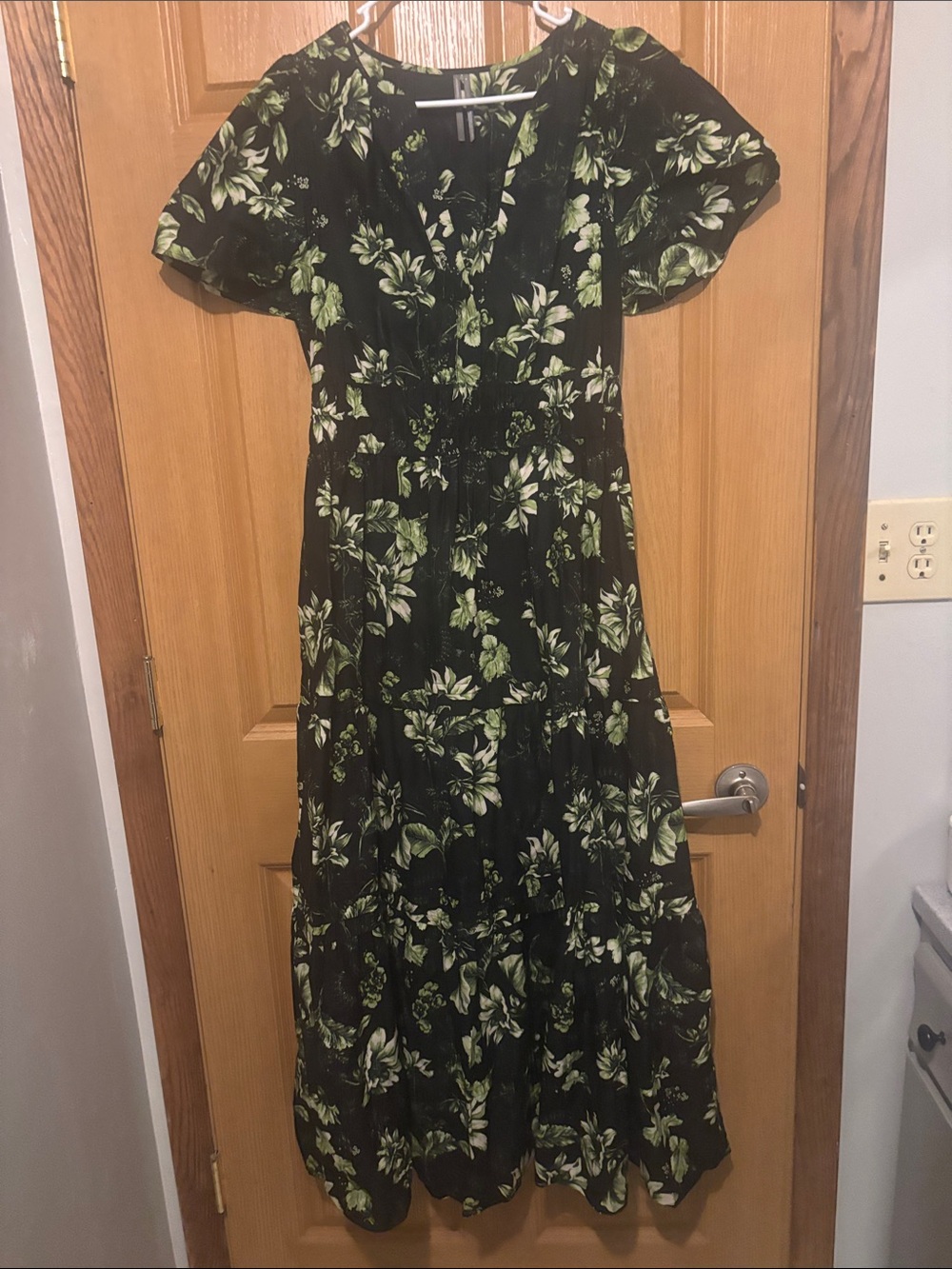 Anthropologie Black Maxi Dress with Green Floral Print